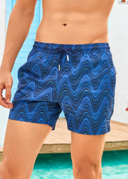 Mid Length Navy Blue Wave Print Swim Shorts