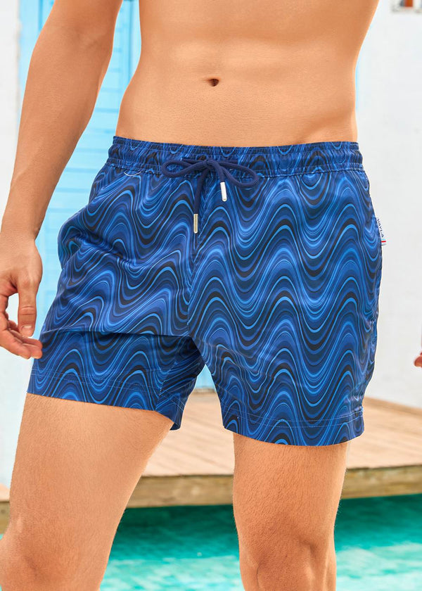 Mid Length Navy Blue Wave Print Swim Shorts