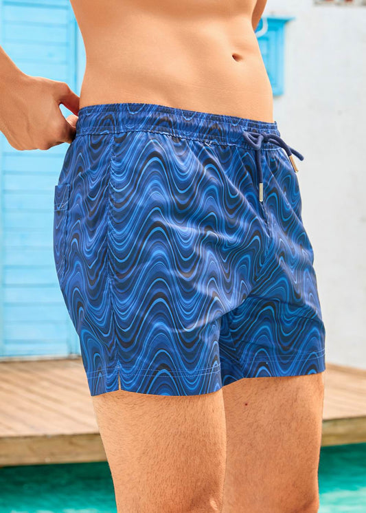 Mid Length Navy Blue Wave Print Swim Shorts