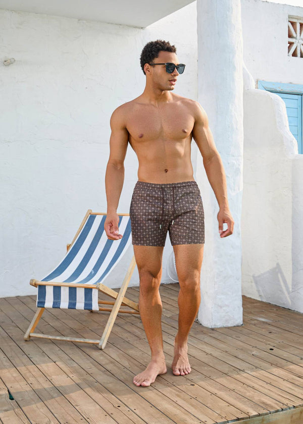 Mid Length Octagon Brown Print Swim Shorts with Adjustable Drawcord
