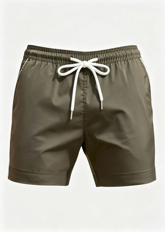 Khaki Plain Tailored Swim Shorts with Contrast Piping
