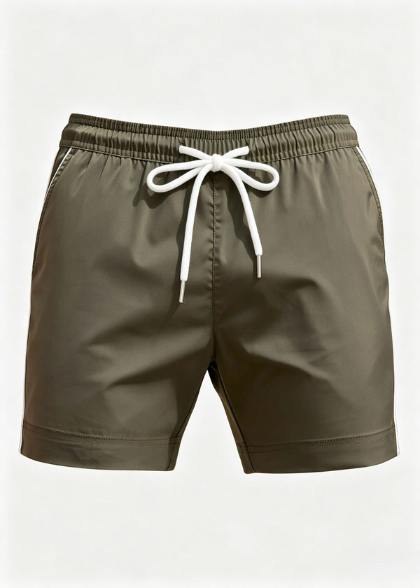 Khaki Plain Tailored Swim Shorts with Contrast Piping