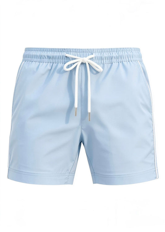Light Blue Plain Tailored Swim Shorts with Contrast Piping