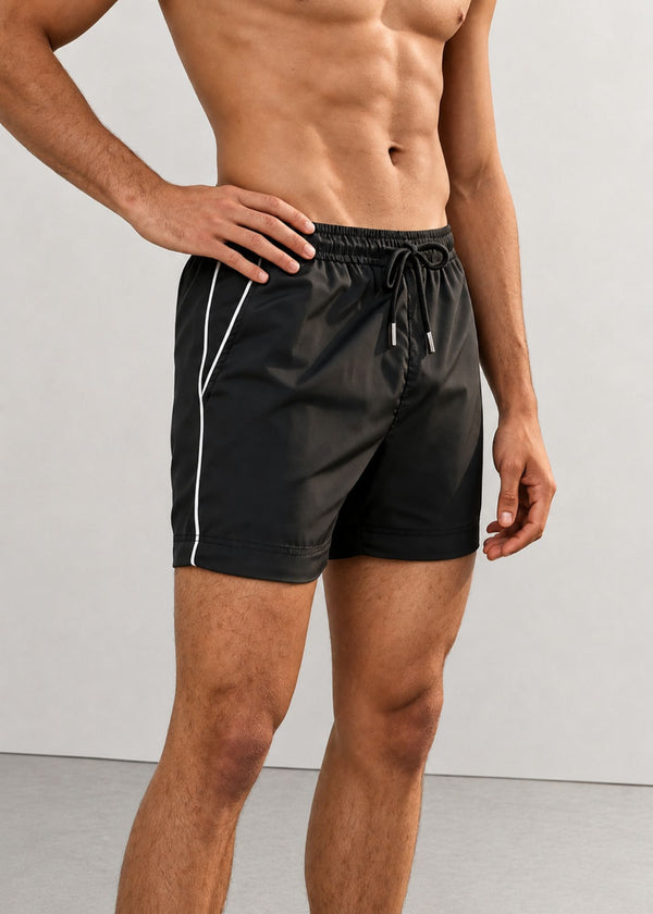 Black Plain Tailored Swim Shorts with Contrast Piping
