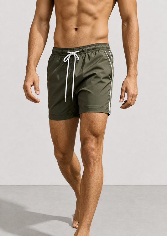 Khaki Plain Tailored Swim Shorts with Contrast Piping