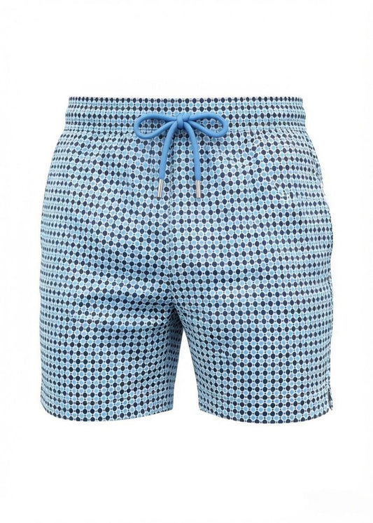Mid Length White Blue Polka Dot Swim Shorts with Drawcord