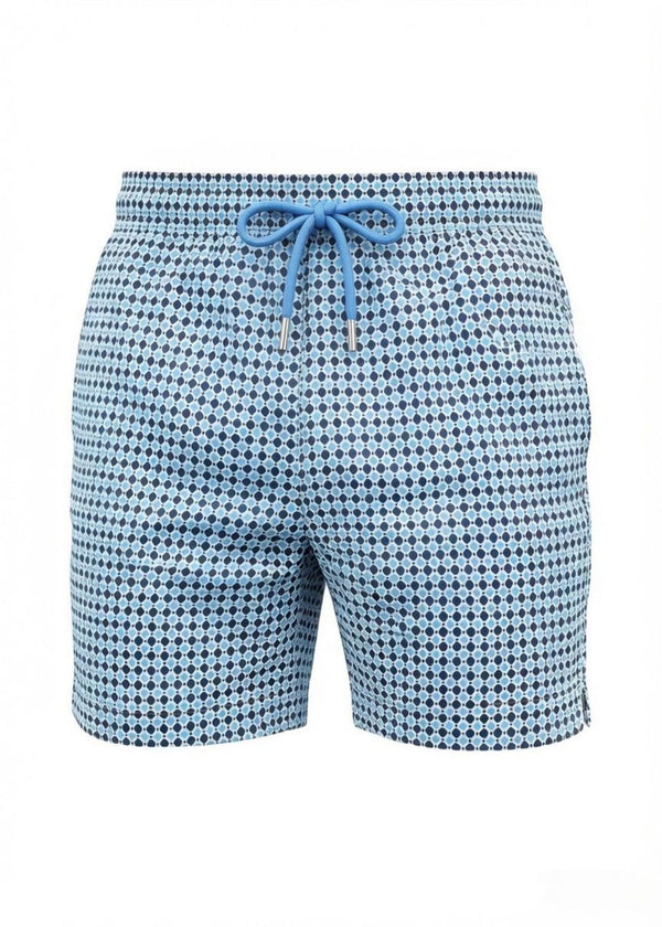 Mid Length White Blue Polka Dot Swim Shorts with Drawcord