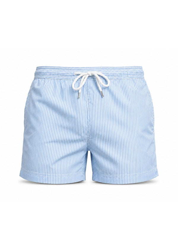 Long Length White Light Blue Stripe Swim Shorts