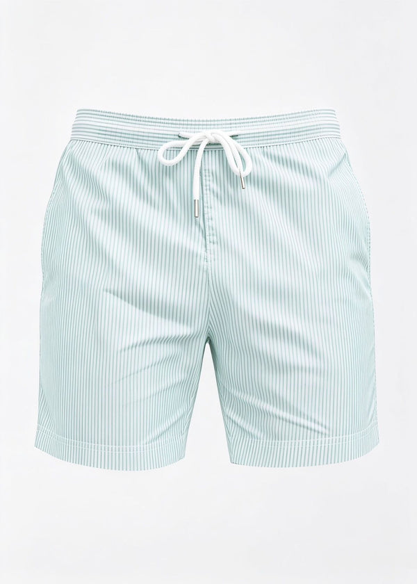 Long Length White Light Green Stripe Swim Shorts