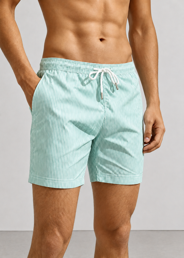 Long Length White Light Green Stripe Swim Shorts
