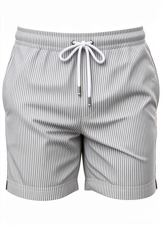 Long Length White Grey Stripe Swim Shorts