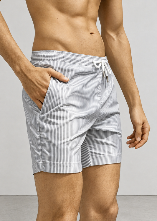 Long Length White Grey Stripe Swim Shorts