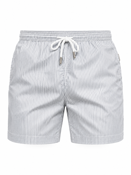 Long Length White Grey Stripe Swim Shorts