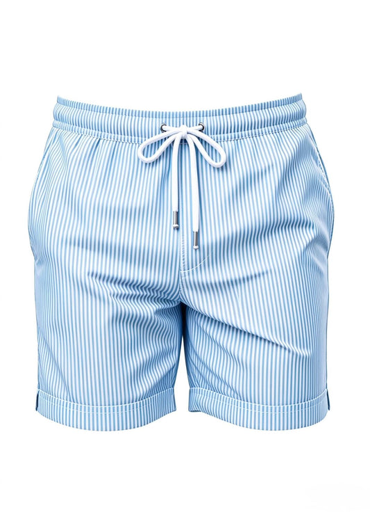 Long Length White Light Blue Stripe Swim Shorts