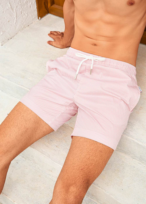 Long Length White Coral Stripe Swim Shorts