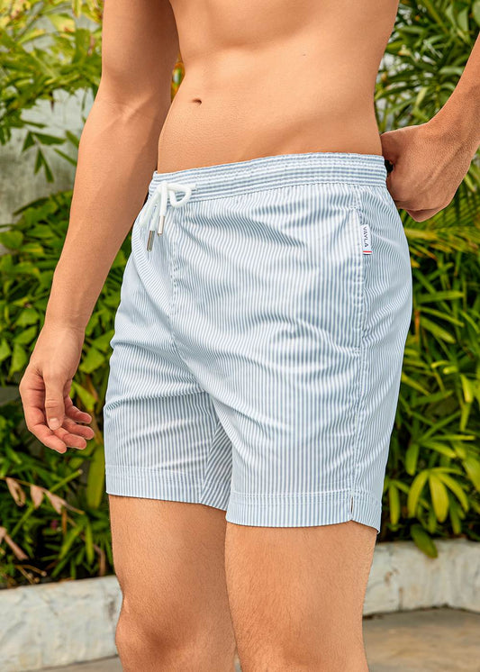 Long Length White Grey Stripe Swim Shorts