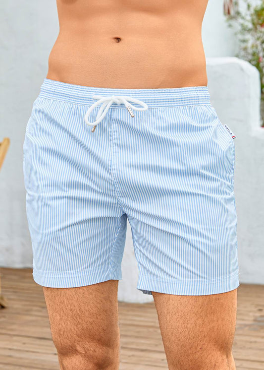 Long Length White Light Blue Stripe Swim Shorts