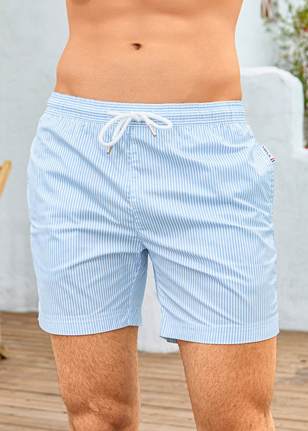 Long Length White Light Blue Stripe Swim Shorts