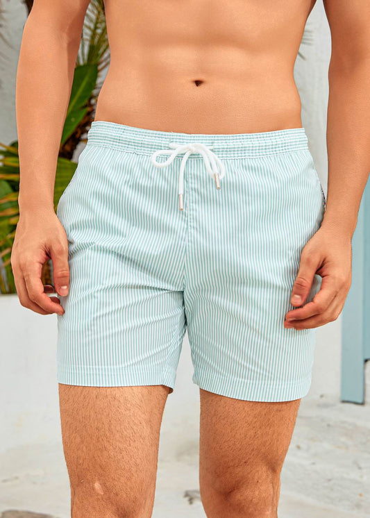Long Length White Light Green Stripe Swim Shorts