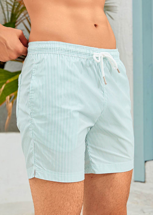 Long Length White Light Green Stripe Swim Shorts