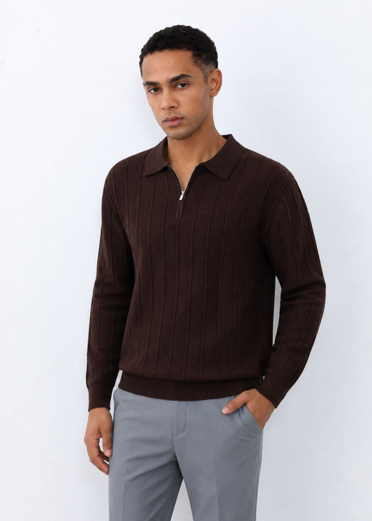 Stitch Detail Half-Zip Jumper in Dark Brown