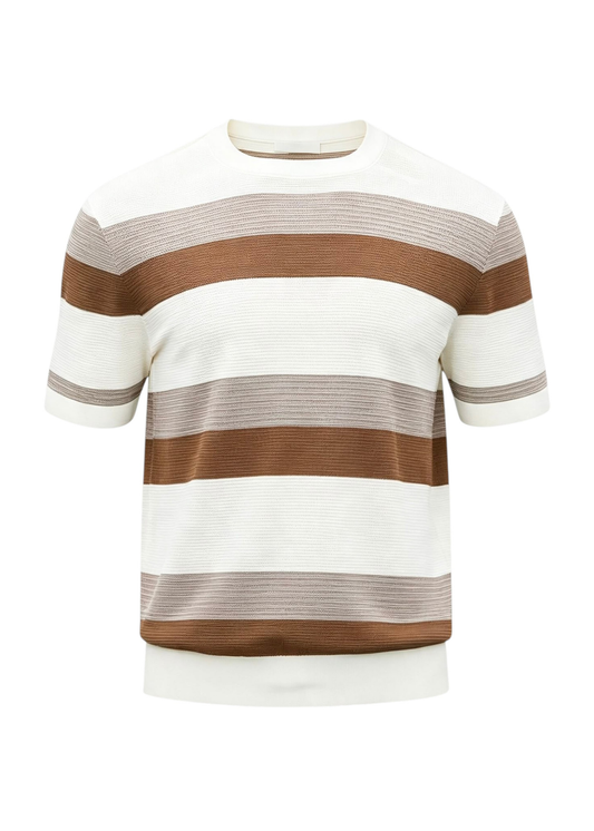 Men's Beige & Mocha Short Sleeve Striped Knitted Top