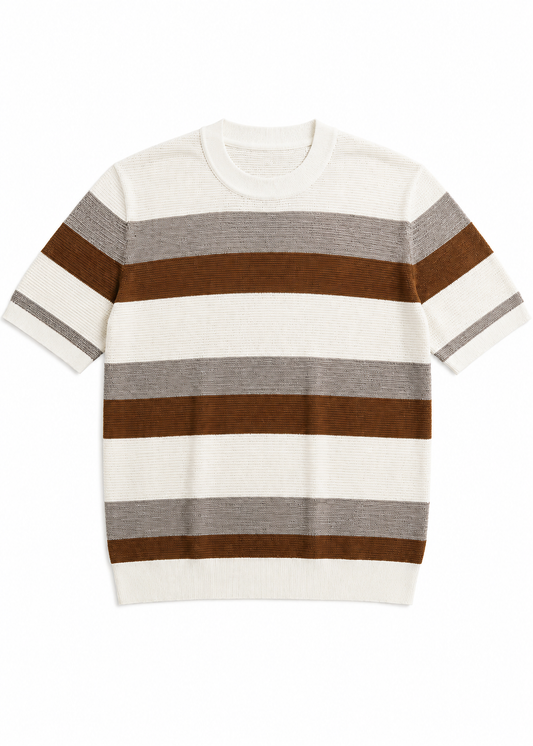 Men's Beige & Mocha Short Sleeve Striped Knitted Top
