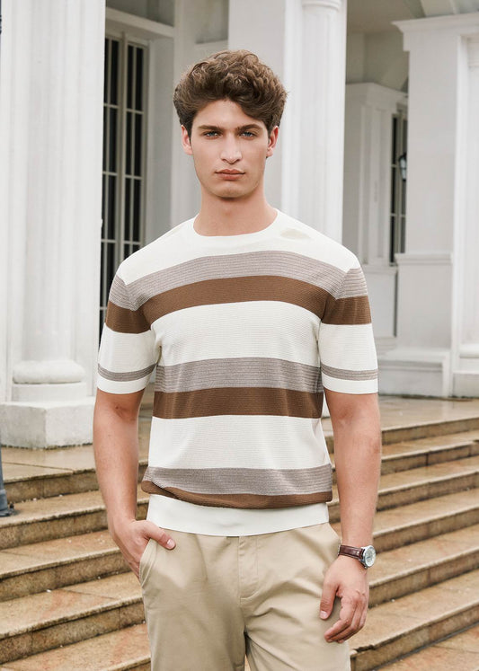 Men's Beige & Mocha Short Sleeve Striped Knitted Top