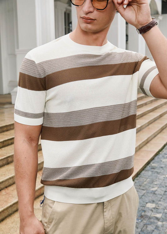 Men's Beige & Mocha Short Sleeve Striped Knitted Top