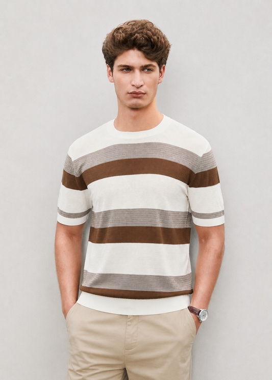 Men's Beige & Mocha Short Sleeve Striped Knitted Top