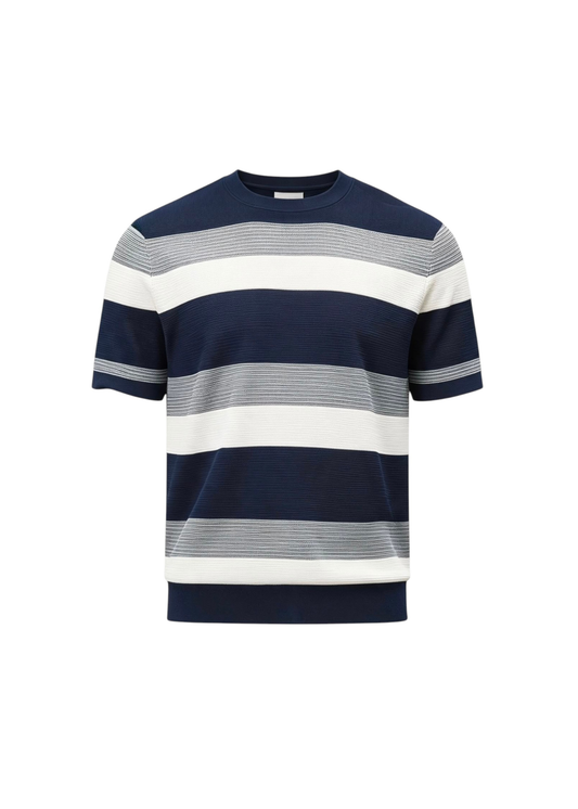 Men's Beige & Navy Short Sleeve Striped Knitted Top