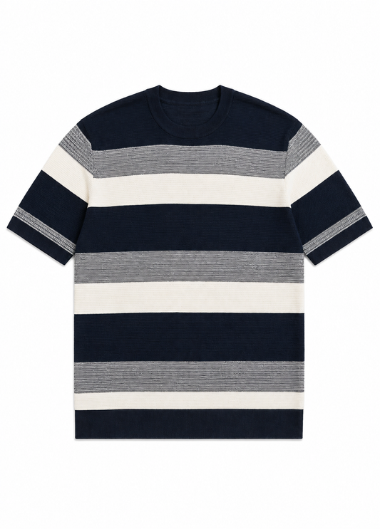 Men's Beige & Navy Short Sleeve Striped Knitted Top