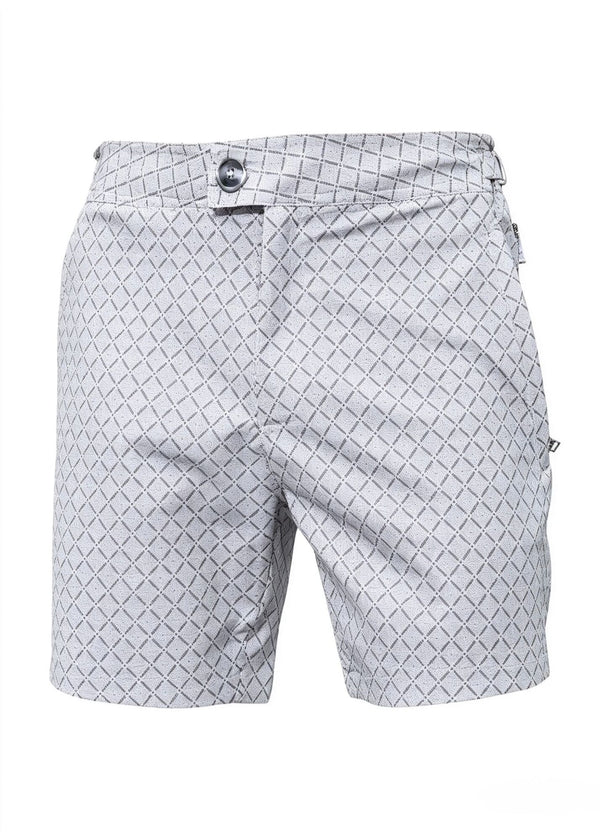 Long Length Light Grey Geometric Print Swim Shorts
