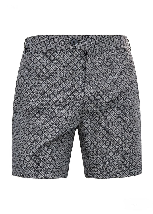 Long Length Dark Grey Geometric Print Swim Shorts