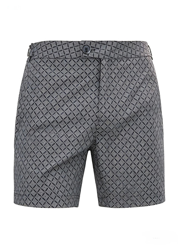 Long Length Dark Grey Geometric Print Swim Shorts