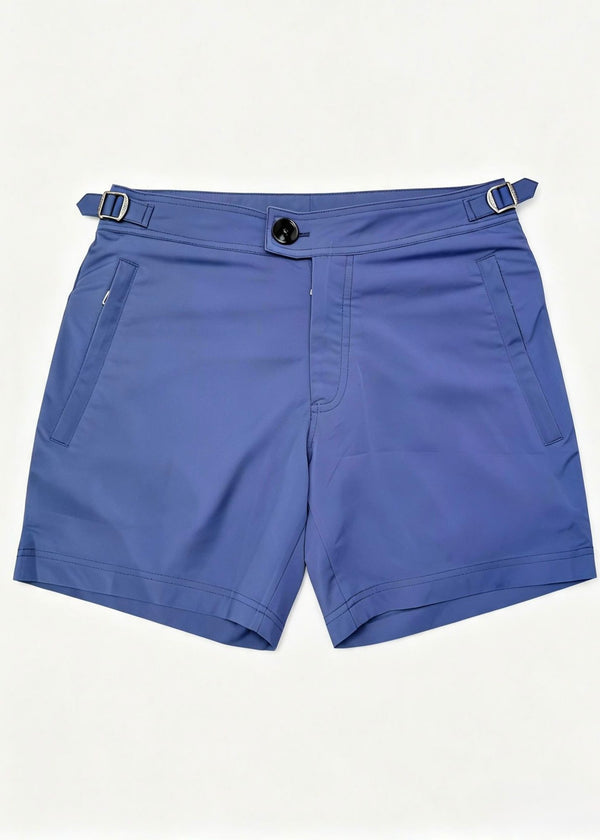 Classic Plain Atlantic Blue Long Length Swim Shorts With Adjustable Waist
