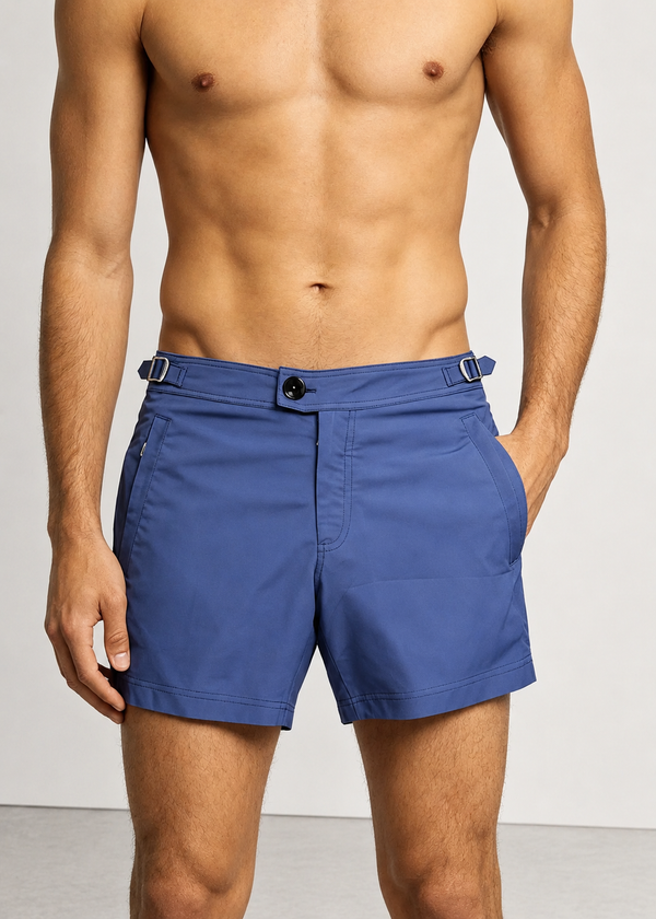 Classic Plain Atlantic Blue Long Length Swim Shorts With Adjustable Waist