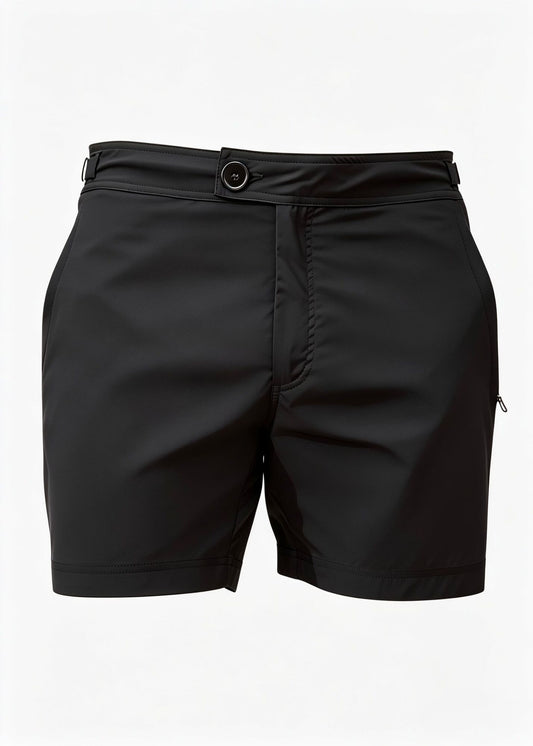 Classic Plain Black Long Length Swim Shorts With Adjustable Waist