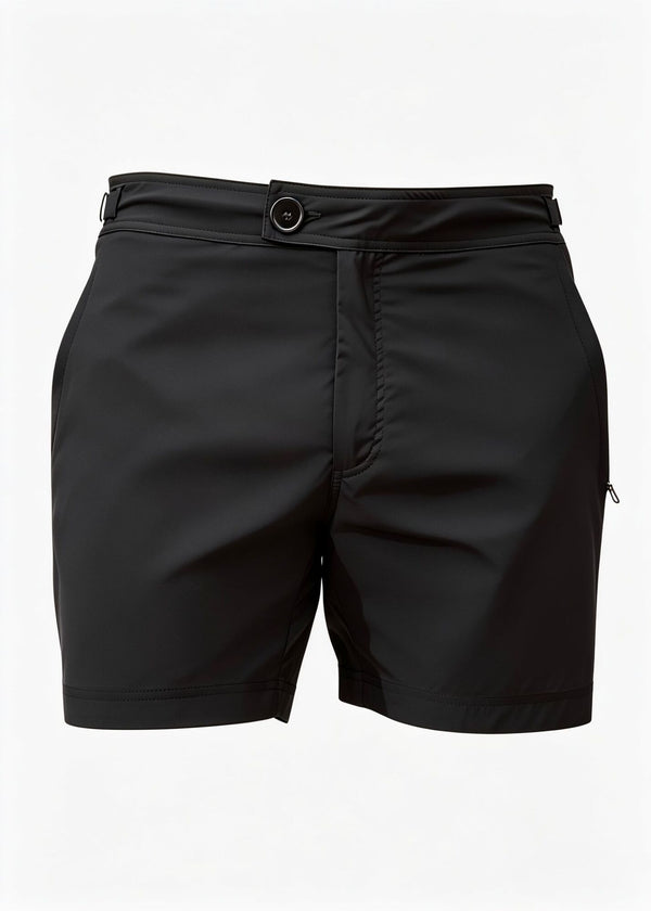 Classic Plain Black Long Length Swim Shorts With Adjustable Waist