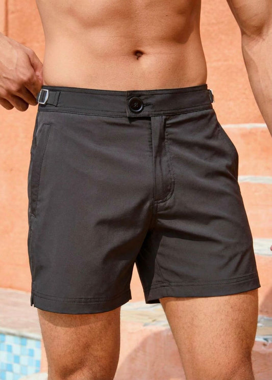 Classic Plain Black Long Length Swim Shorts With Adjustable Waist