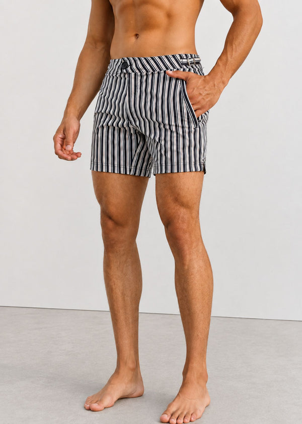 Long Length Black & White Stripe Swim Shorts