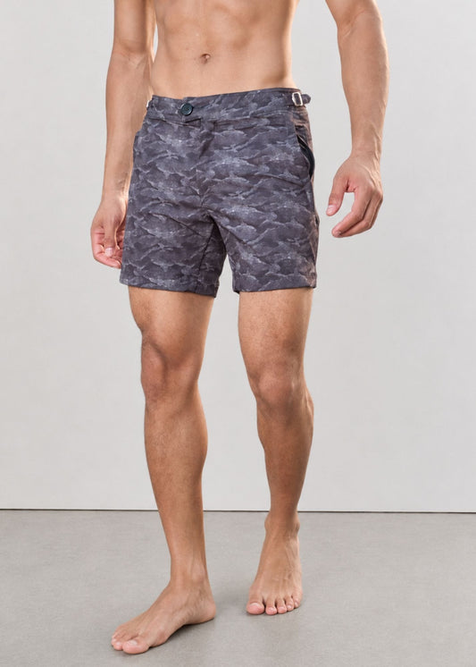 Long Length Light Grey Camouflage Swim Shorts