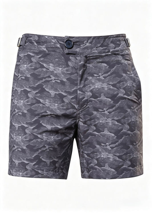 Long Length Light Grey Camouflage Swim Shorts