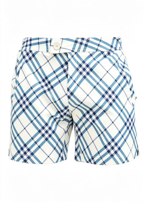 Long Length White Checkered Swim Shorts