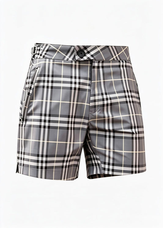 Long Length Grey Checkered Swim Shorts