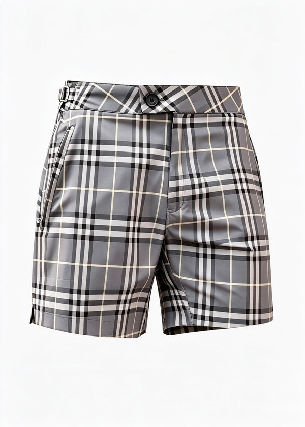 Long Length Grey Checkered Swim Shorts