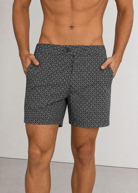Long Length Dark Grey Geometric Print Swim Shorts