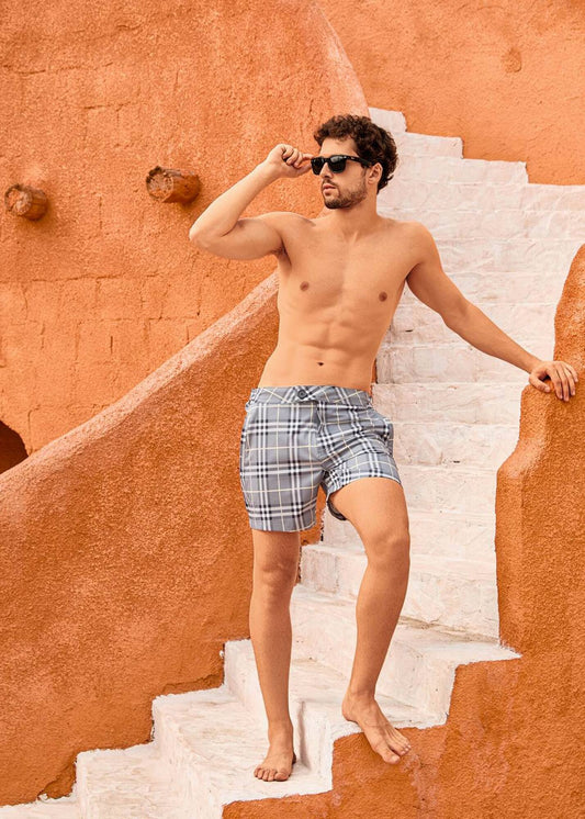 Long Length Grey Checkered Swim Shorts