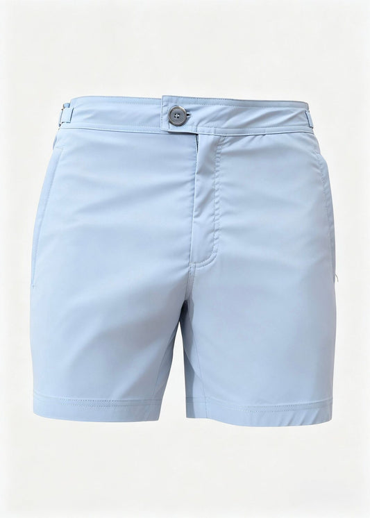 Classic Plain Light Blue Long Length Swim Shorts With Adjustable Waist