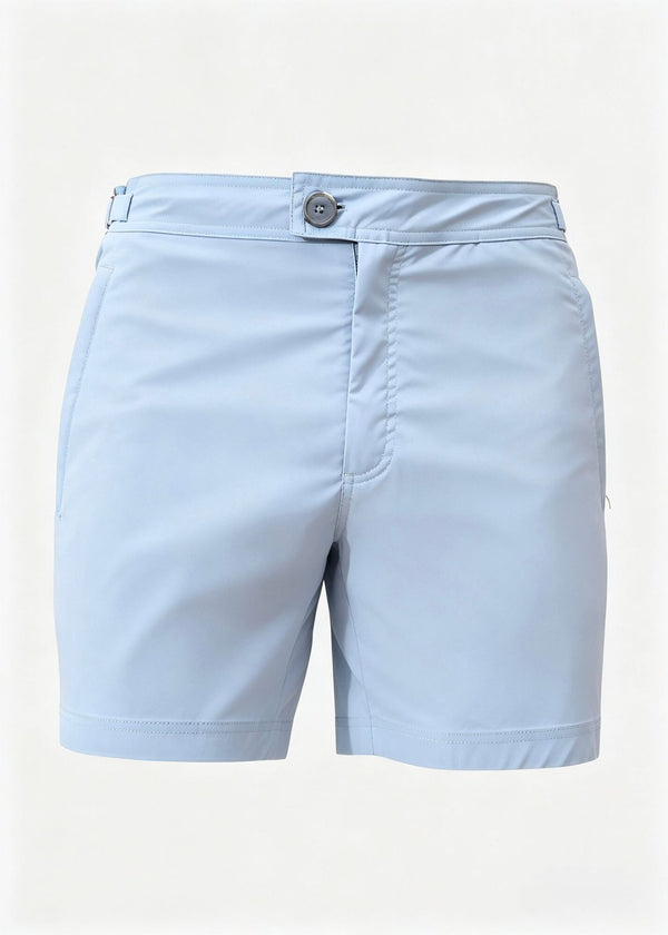 Classic Plain Light Blue Long Length Swim Shorts With Adjustable Waist